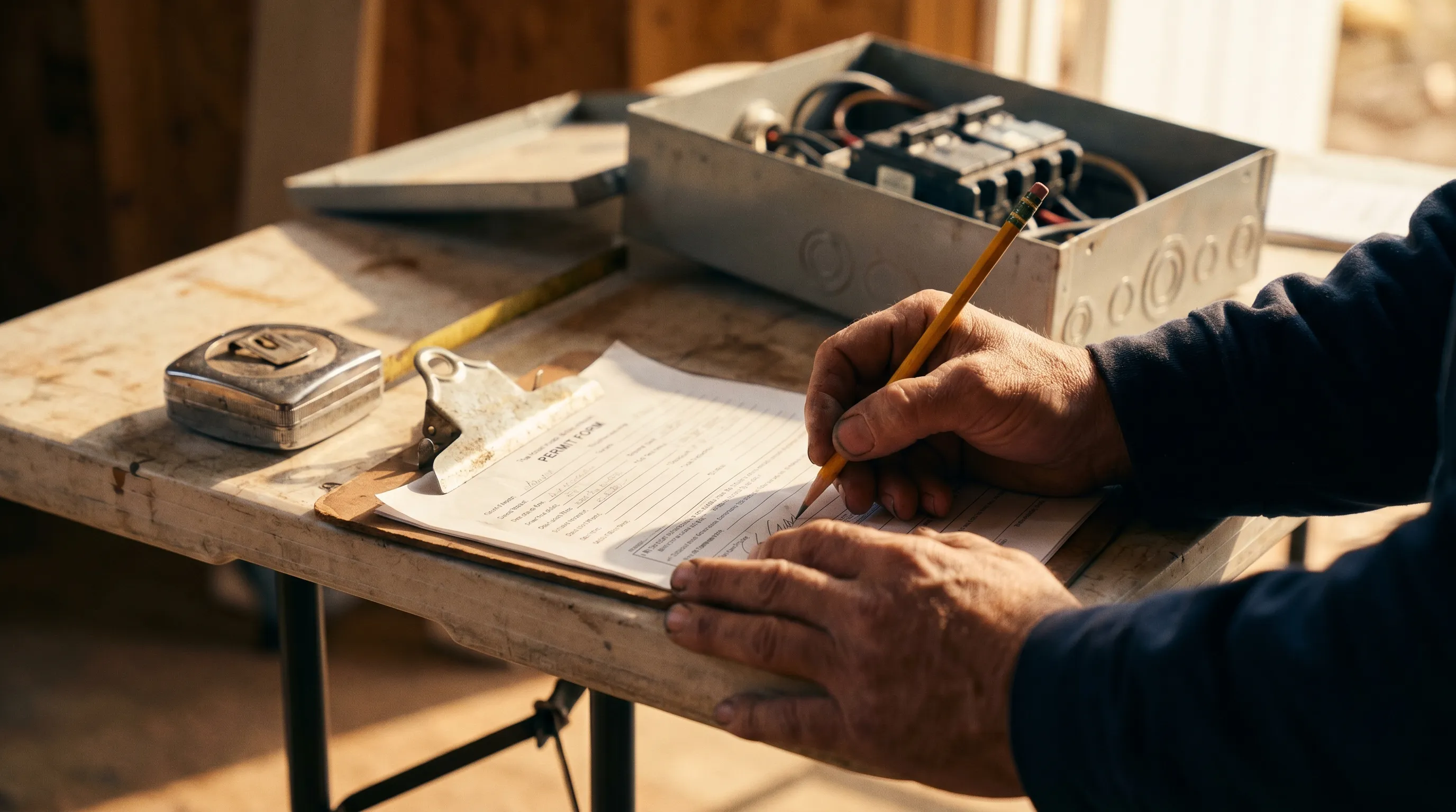 Manos firmando un formulario de permiso eléctrico en un sitio de trabajo en San Diego County
