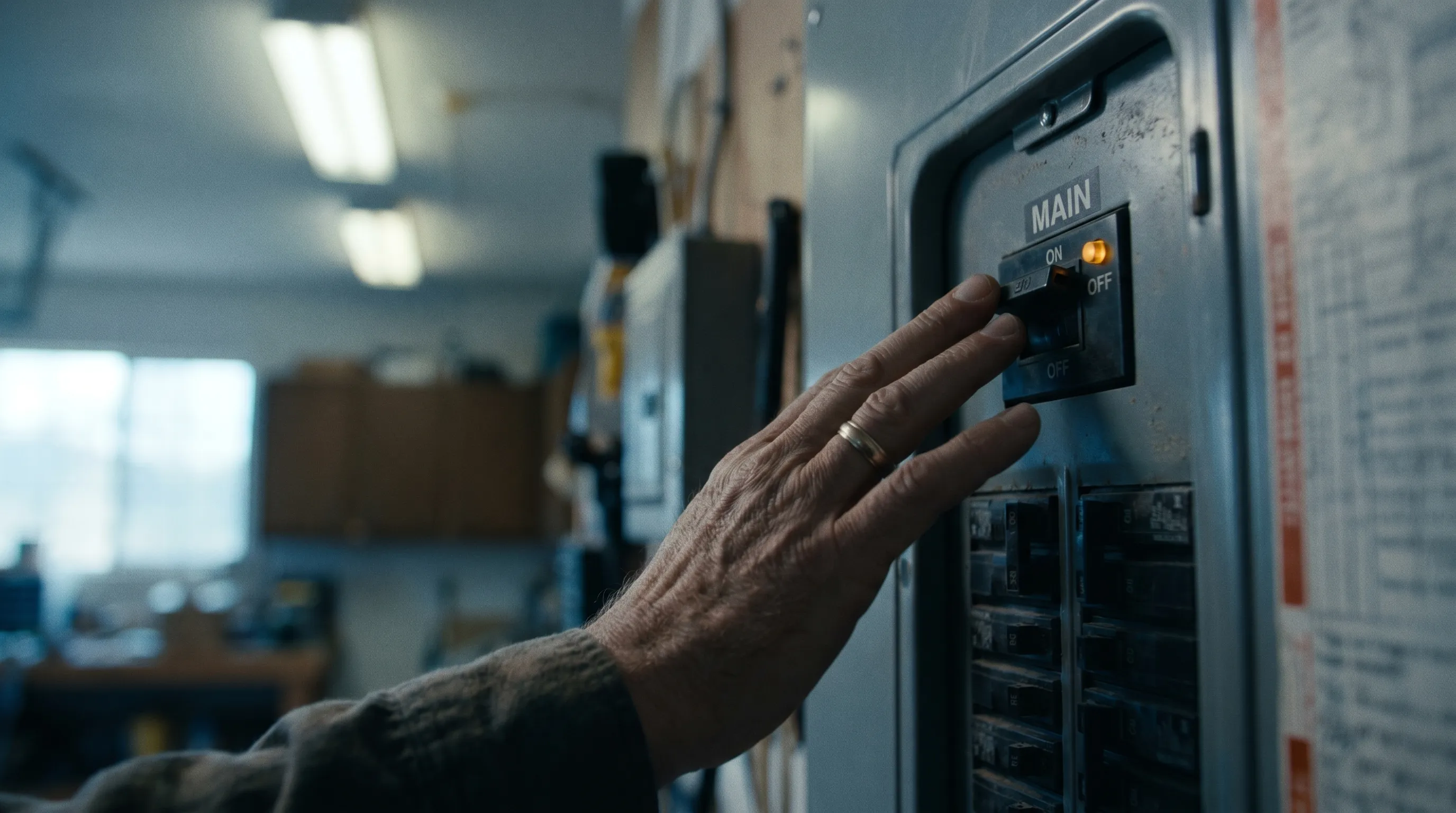 Mano alcanzando el breaker principal de un panel residencial. Guía de seguridad eléctrica de emergencia