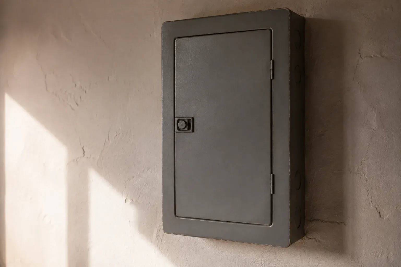 AI-generated editorial image of an older closed electrical panel on a plaster wall