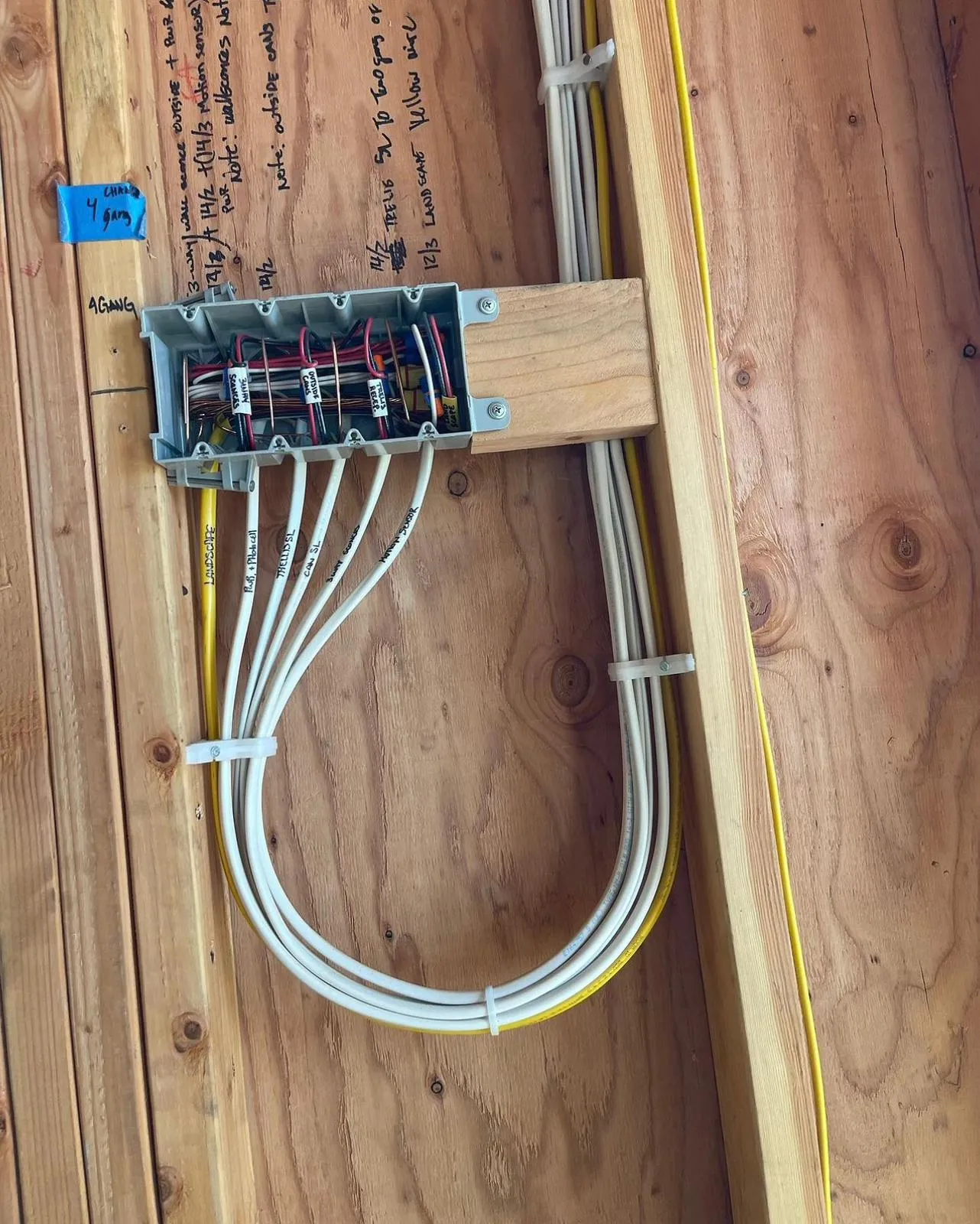 Labeled junction box on cedar wood frame. Martinez Electric Corp