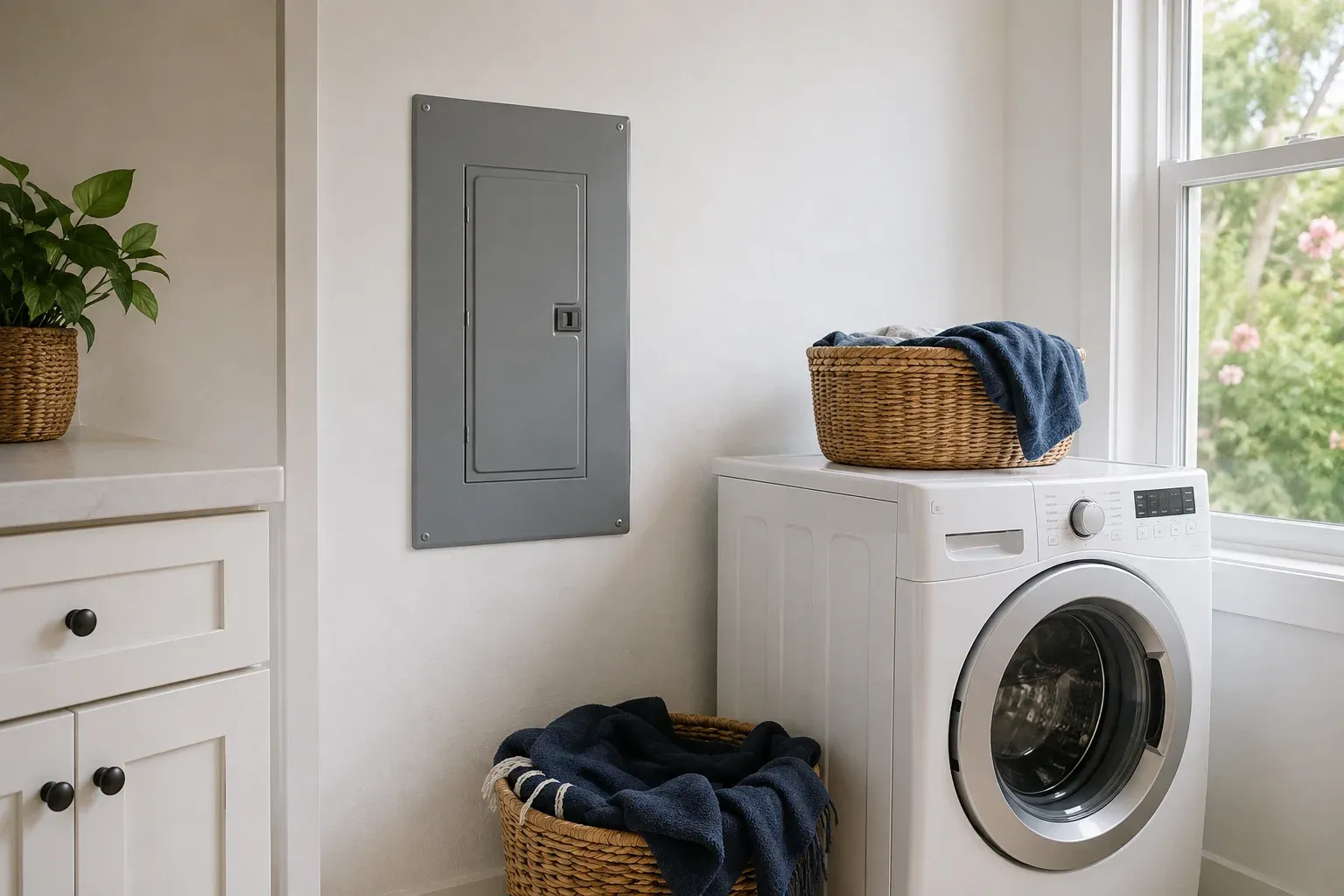 AI-generated editorial image of a closed electrical panel in a bright home laundry room