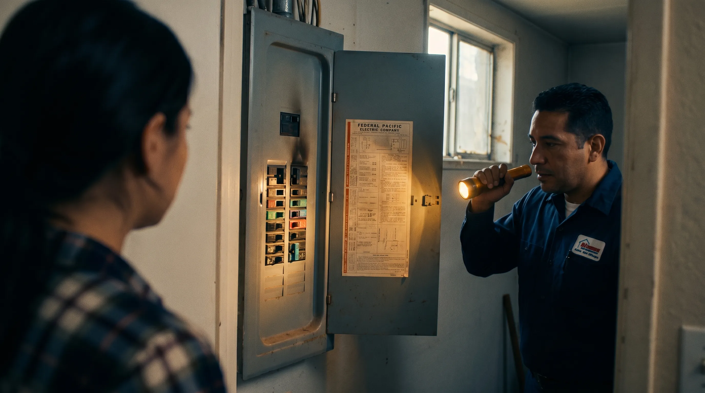 Electricista de Martinez Electric Corp inspeccionando un panel Federal Pacific obsoleto con linterna