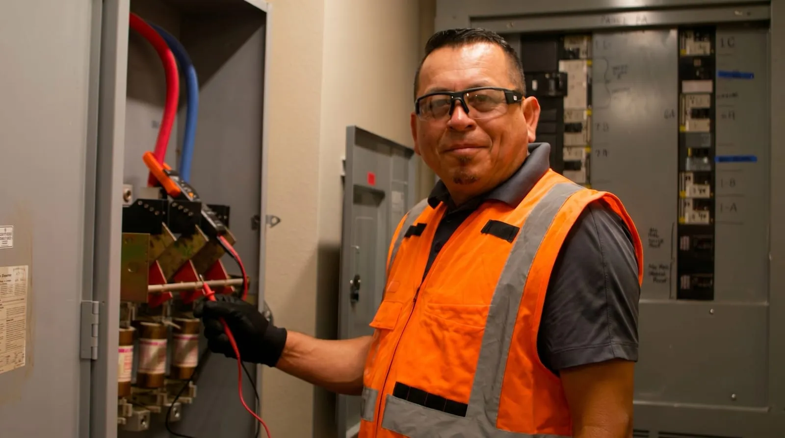 Vicente Martinez, dueño de Martinez Electric Corp, midiendo voltaje en un tablero industrial, con lentes de seguridad, guantes y chaleco reflectivo